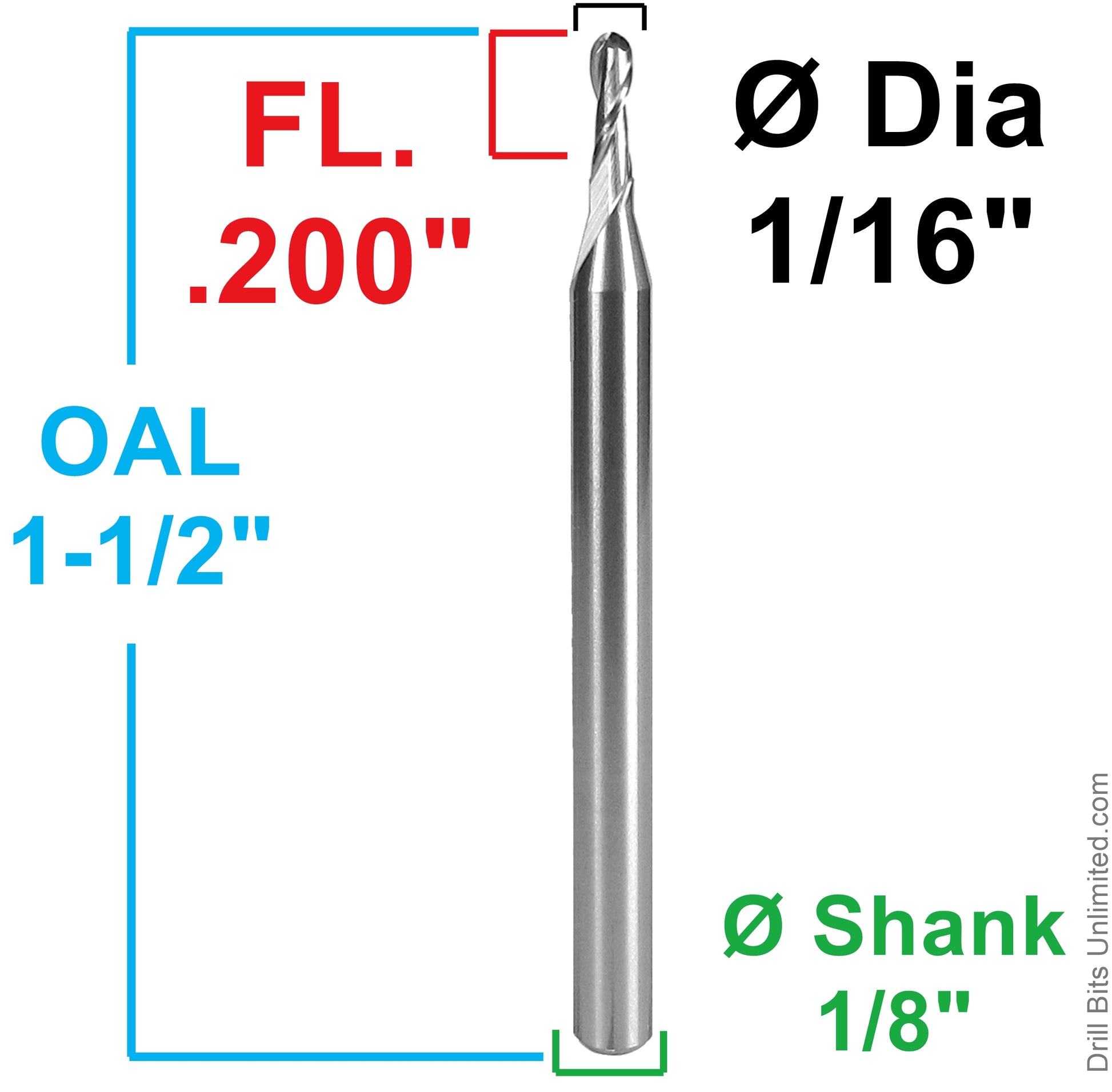 1/16 ball nose end mill dimensions .200 loc 1/8 shank