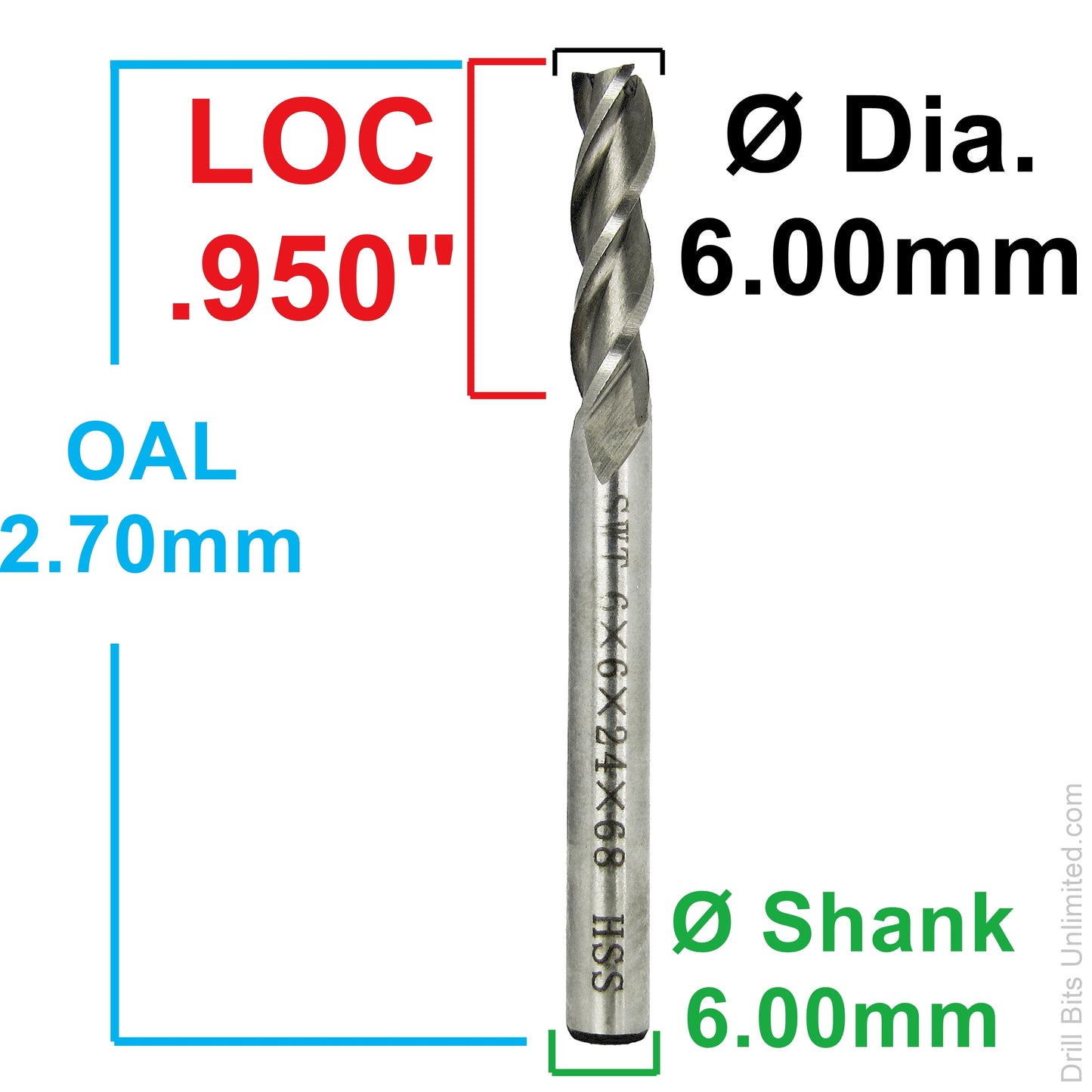 Dimension diagram for 6mm 3-flute HSS square end mill showing .950 inch LOC, 2.70 inch OAL, and 6mm shank