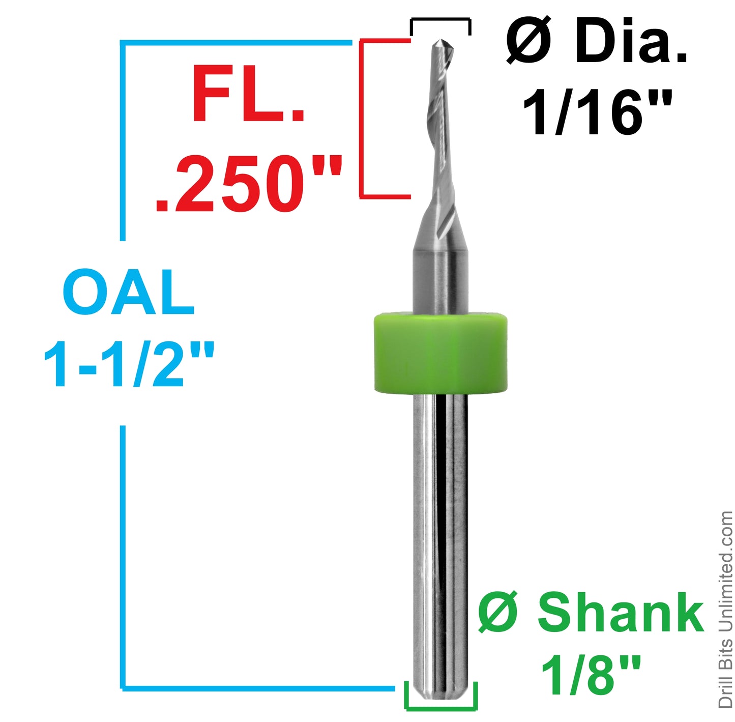 Dimensional View single flute end mill 1/16" 1500.0625.250