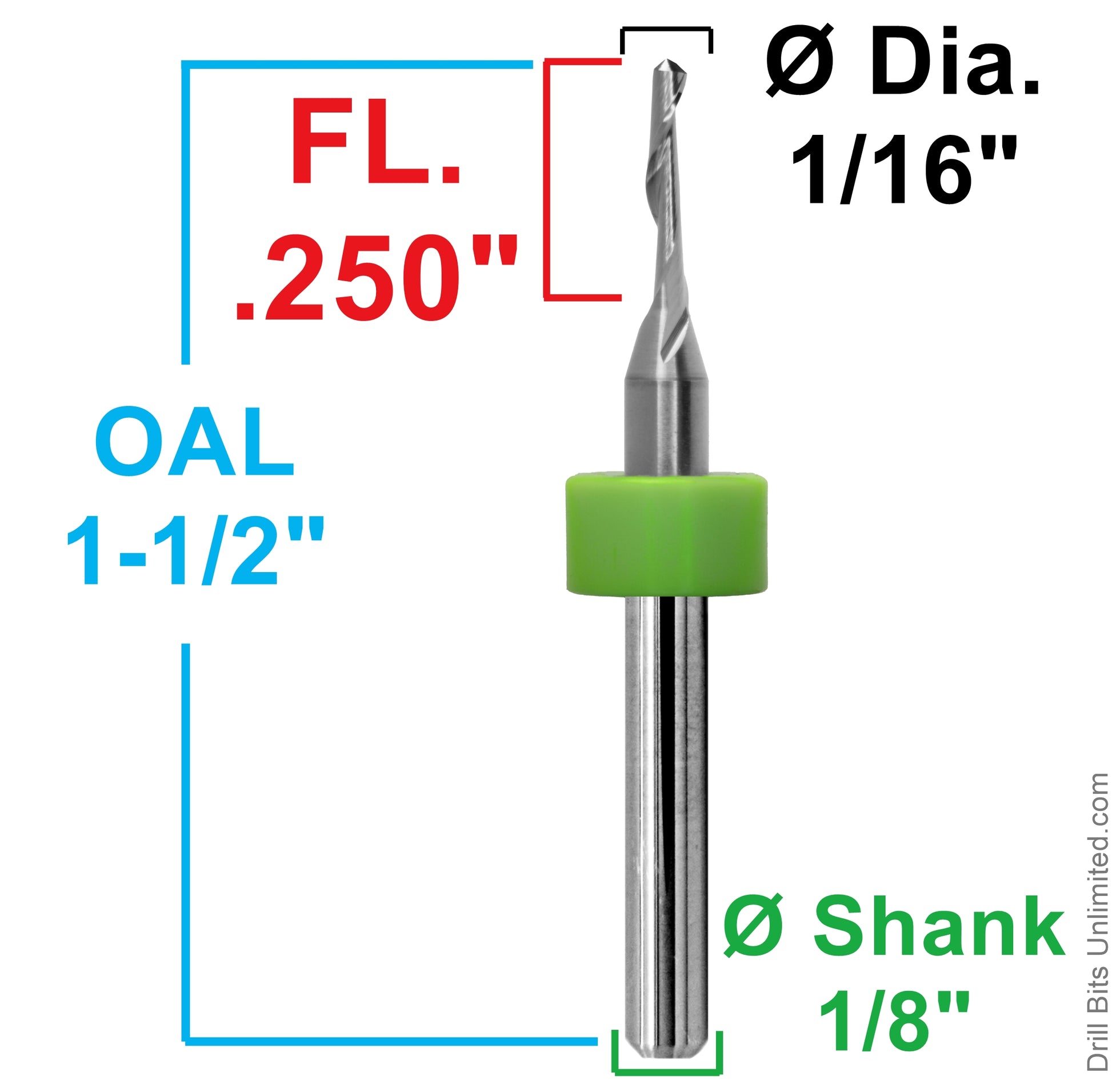 Dimensional View single flute end mill 1/16" 1500.0625.250
