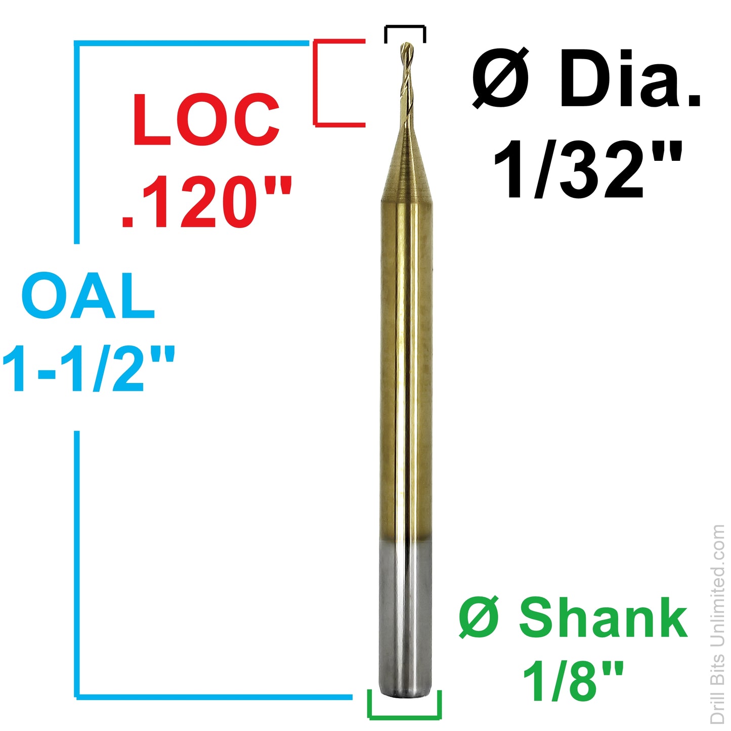 Dimension diagram for 1/32 inch TiN coated ball nose carbide end mill showing .120 inch LOC, 1.50 inch OAL, and 1/8 inch shank