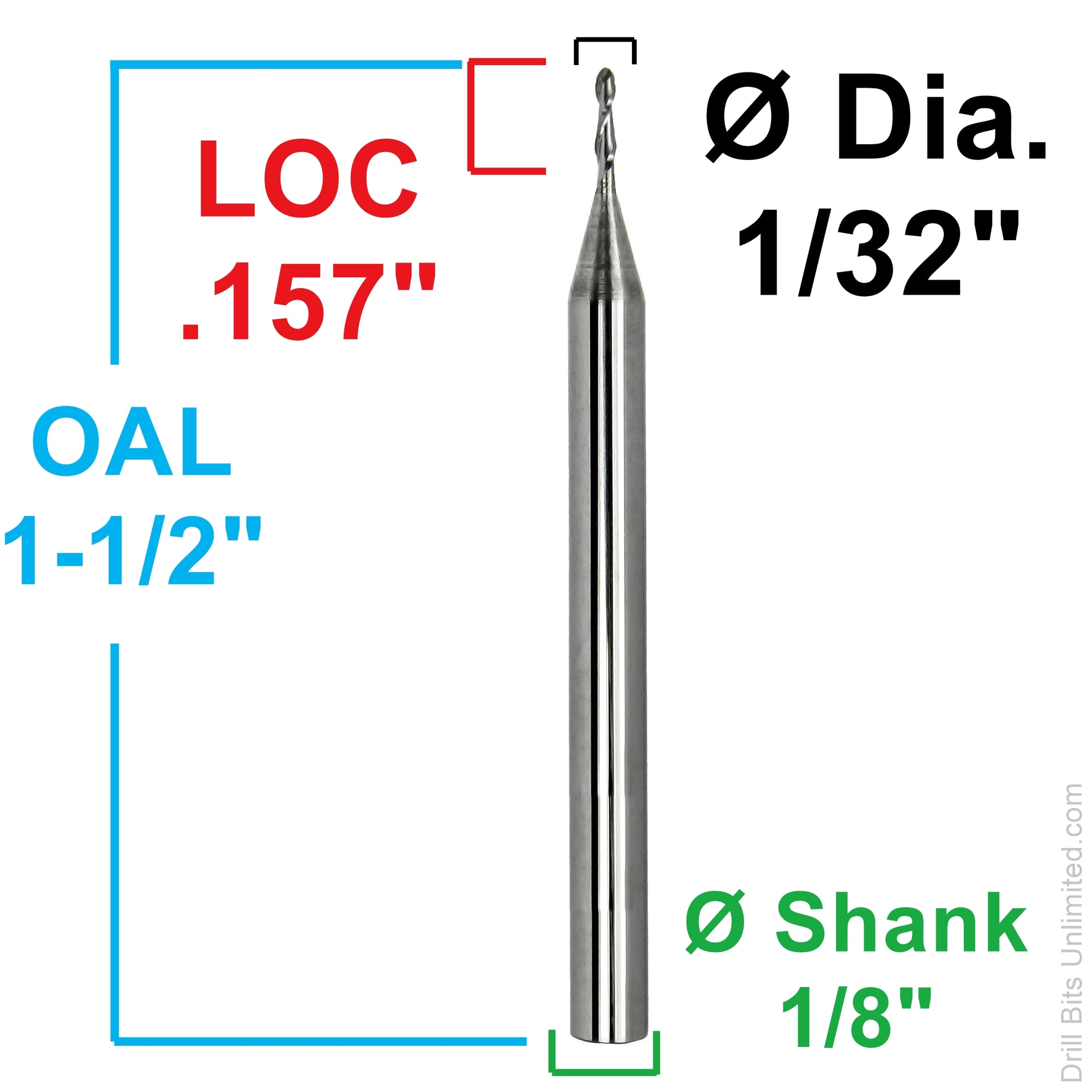Dimension diagram for 1/32 inch ball nose carbide end mill showing .157 inch LOC, 1.50 inch OAL, and 1/8 inch shank