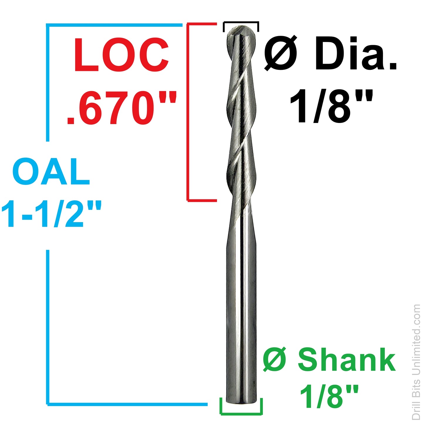 Dimension image for 1/8 inch ball nose carbide end mill showing .670 inch LOC, 1-1/2 inch OAL, and 1/8 inch shank