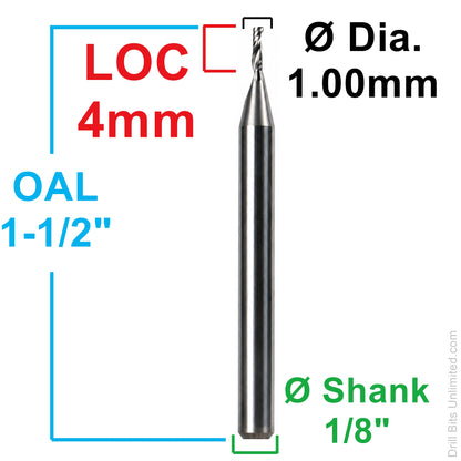 0.0394" (1.0mm) x 4mm LOC Single O-Flute Carbide End Mill, Up Cut, 1/8" Shank | MO-105