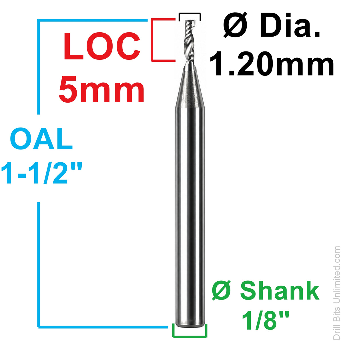 0.0472" (1.2mm) x 5mm LOC Single O-Flute Carbide End Mill, Up Cut, 1/8" Shank | MO-115