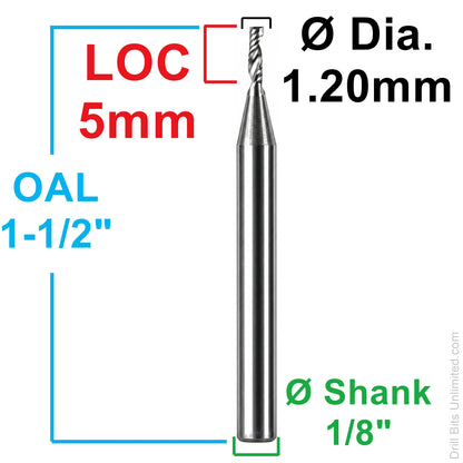 0.0472" (1.2mm) x 5mm LOC Single O-Flute Carbide End Mill, Up Cut, 1/8" Shank | MO-115