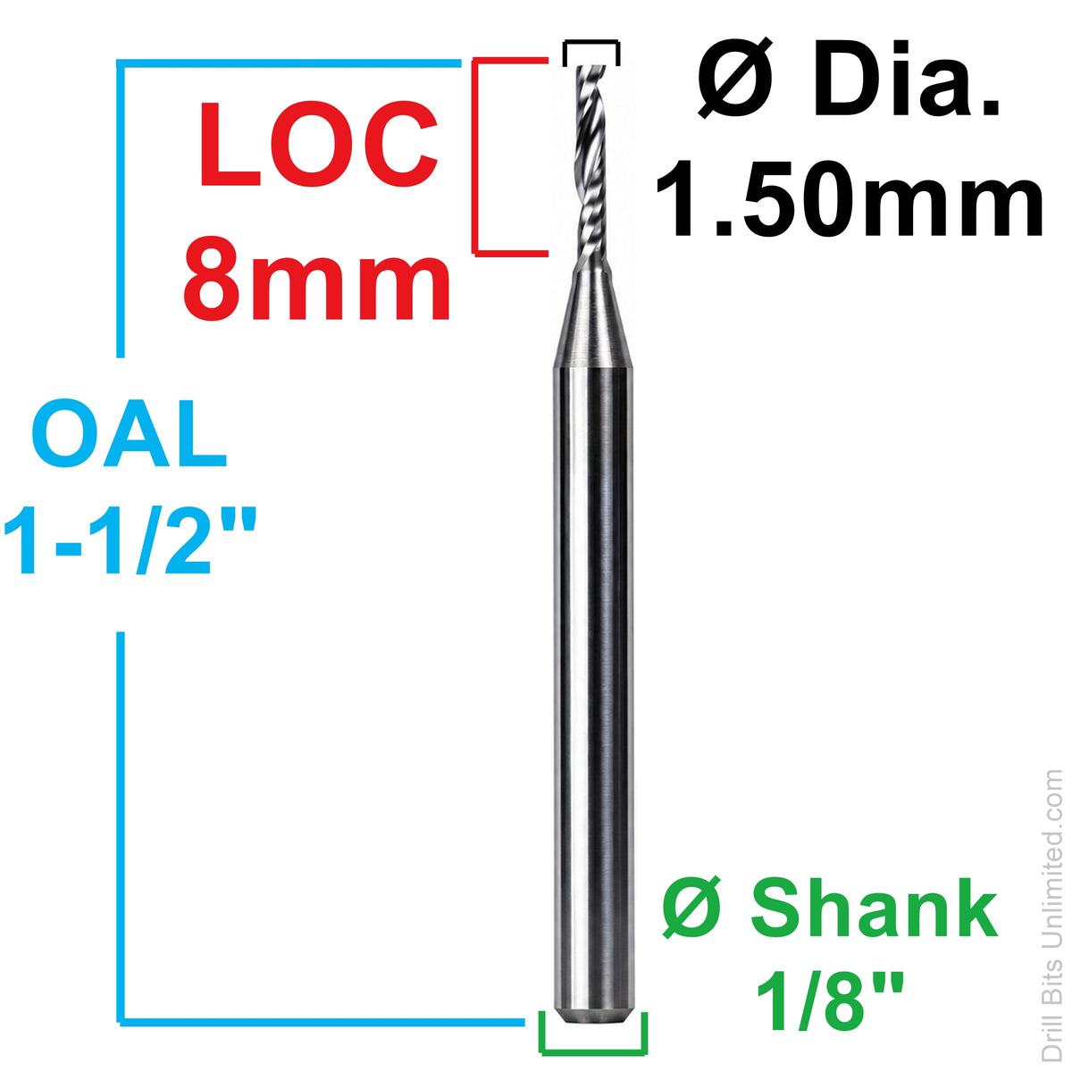0.0591" (1.5mm) x 8mm LOC Single O-Flute Carbide End Mill, Up Cut, 1/8" Shank | MO-131