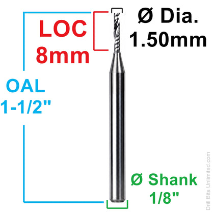 0.0591" (1.5mm) x 8mm LOC Single O-Flute Carbide End Mill, Up Cut, 1/8" Shank | MO-131