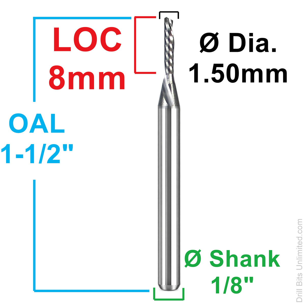 0.0591" (1.5mm) x 8mm LOC Single O-Flute Carbide End Mill, Down Cut, 1/8" Shank | MO-132