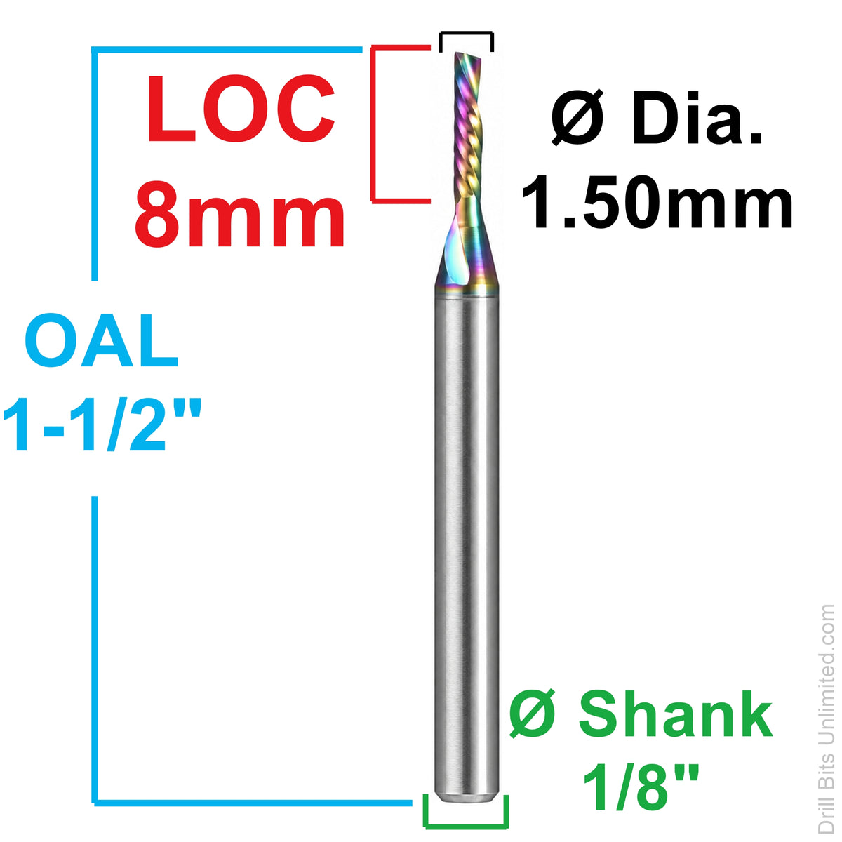 0.0591" (1.5mm) x 8mm LOC Rainbow DLC Single O-Flute Carbide End Mill, Down Cut, 1/8" Shank | MO-134