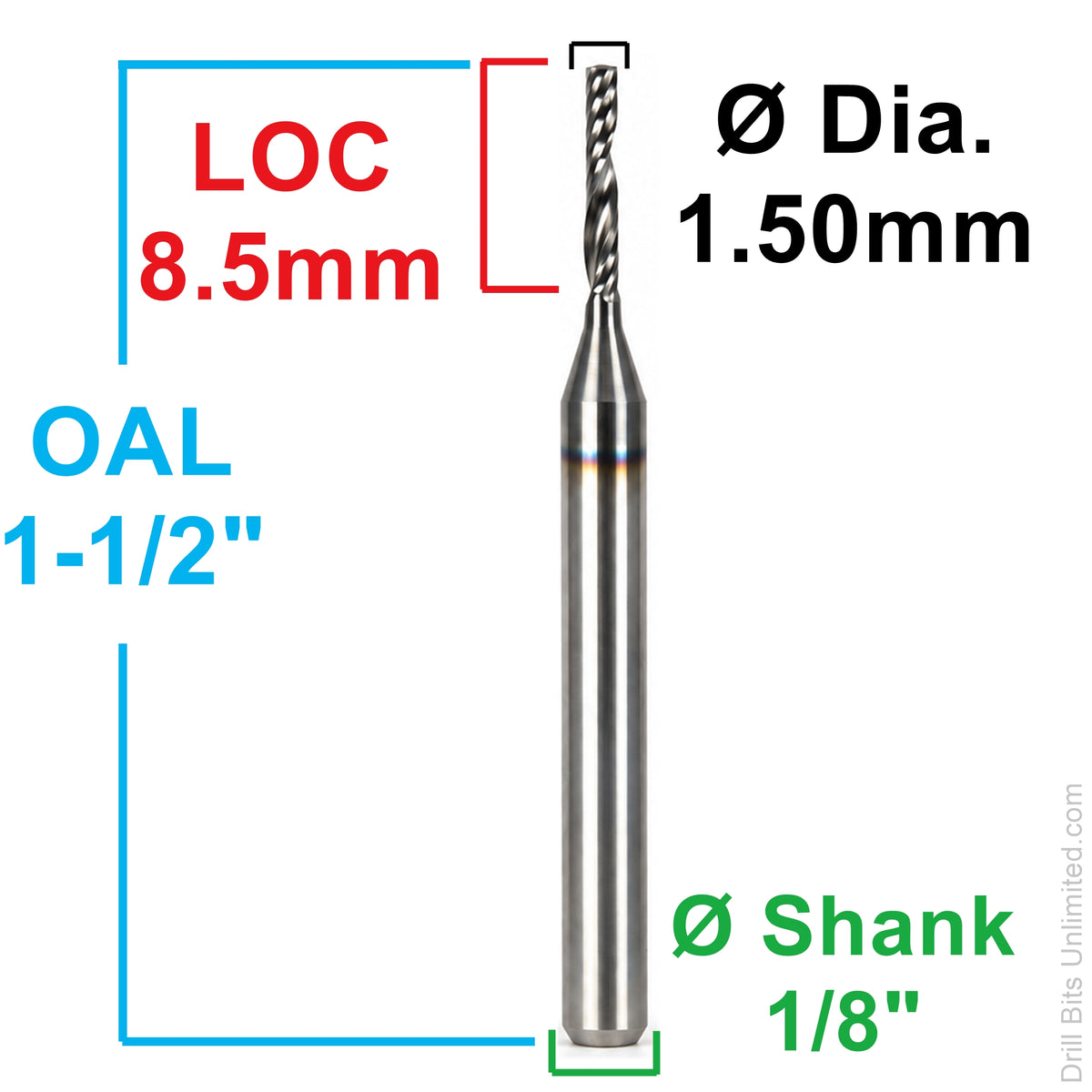0.0591" (1.5mm) x 8.5mm LOC DLC Single O-Flute Carbide End Mill, Up Cut, 1/8" Shank | MO-135