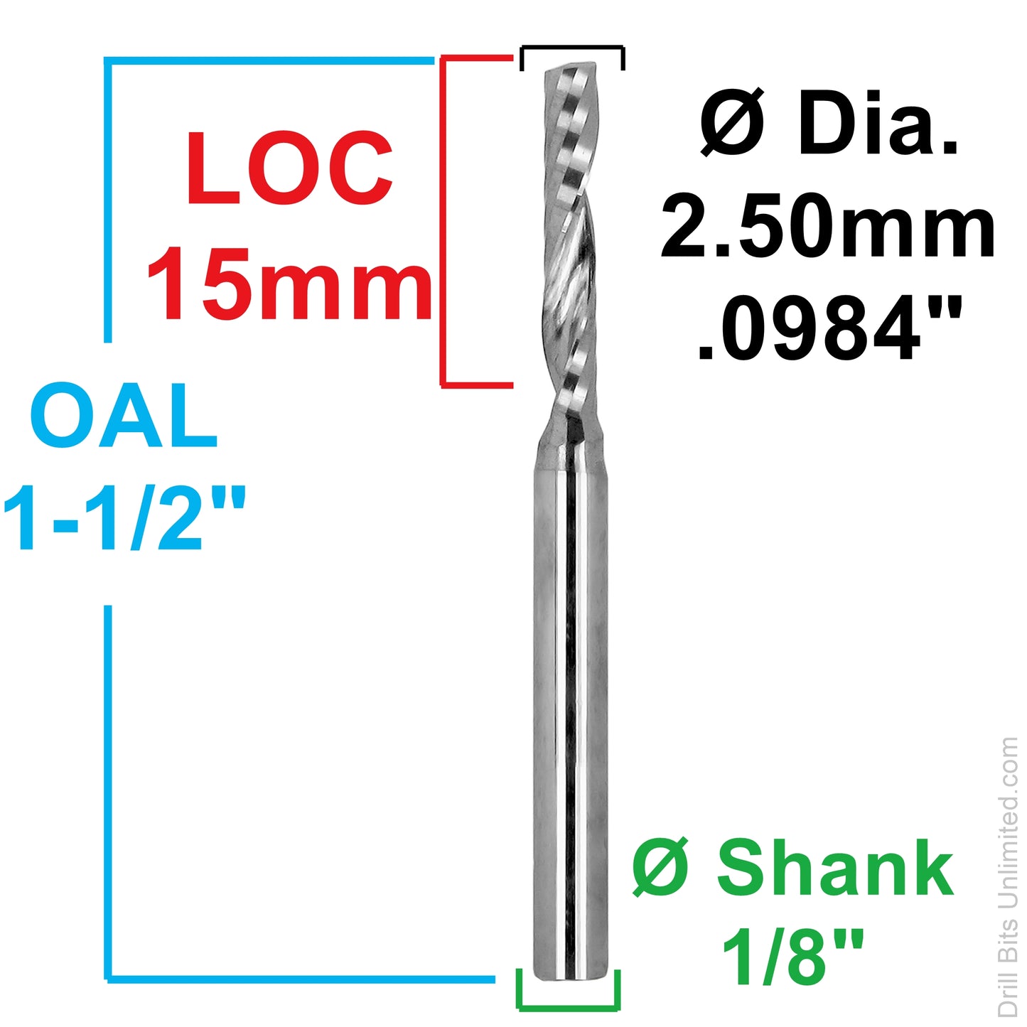 Dimension diagram for 2.50mm single O-flute carbide end mill showing 15mm LOC, 1.50 inch OAL, and 1/8 inch shank