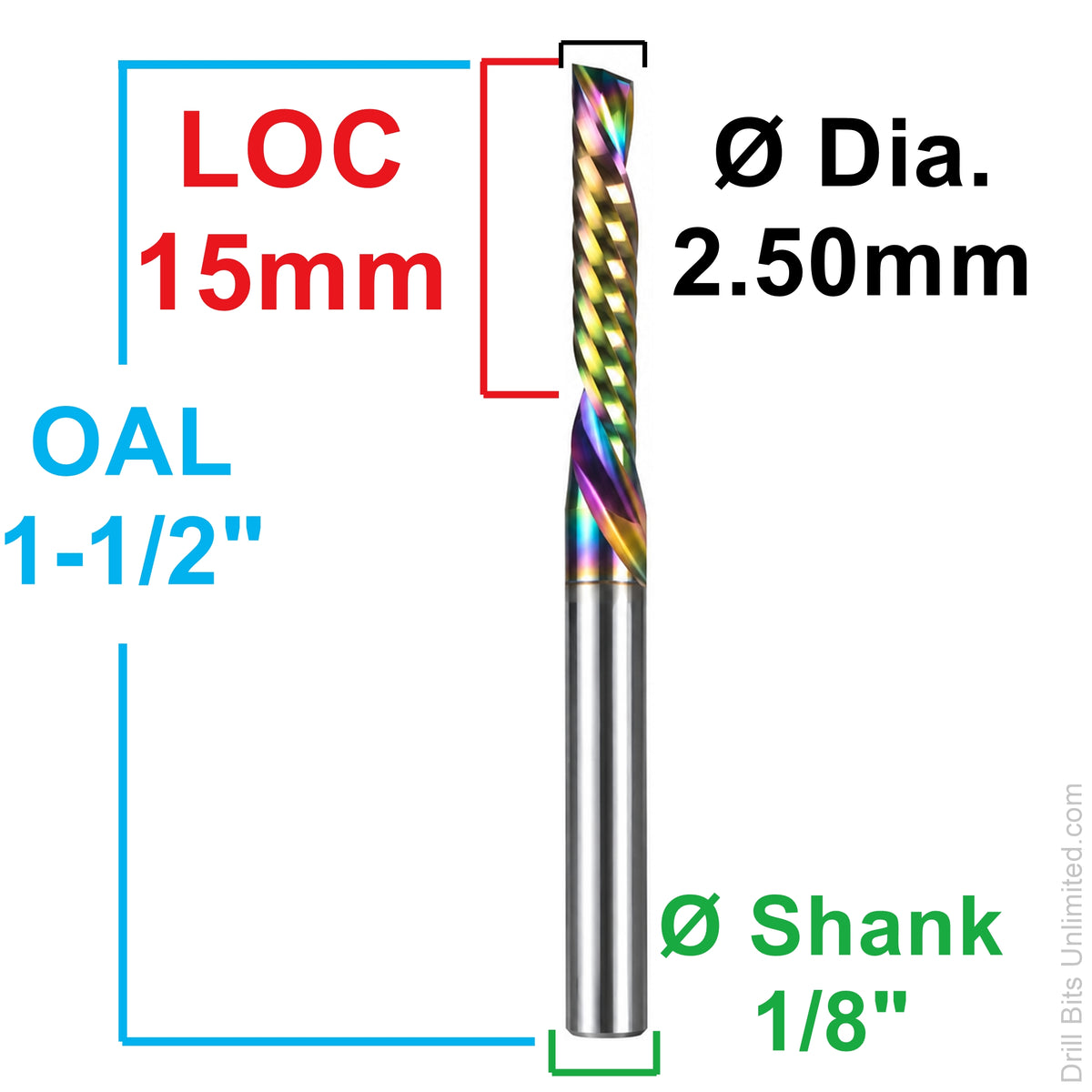 0.0984" (2.5mm) x 15mm LOC Rainbow DLC Single O-Flute Carbide End Mill, Down Cut, 1/8" Shank | MO-176