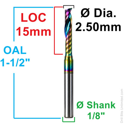 0.0984" (2.5mm) x 15mm LOC Rainbow DLC Single O-Flute Carbide End Mill, Up Cut, 1/8" Shank | MO-177