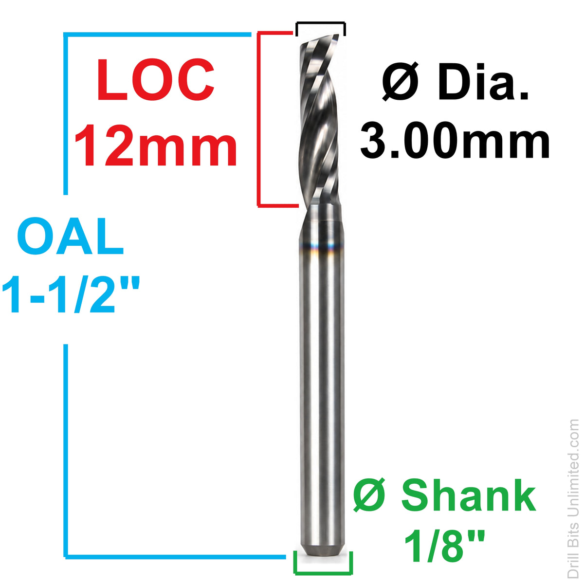 0.1181" (3.0mm) x 12mm LOC DLC Single O-Flute Carbide End Mill, Up Cut, 1/8" Shank | MO-178