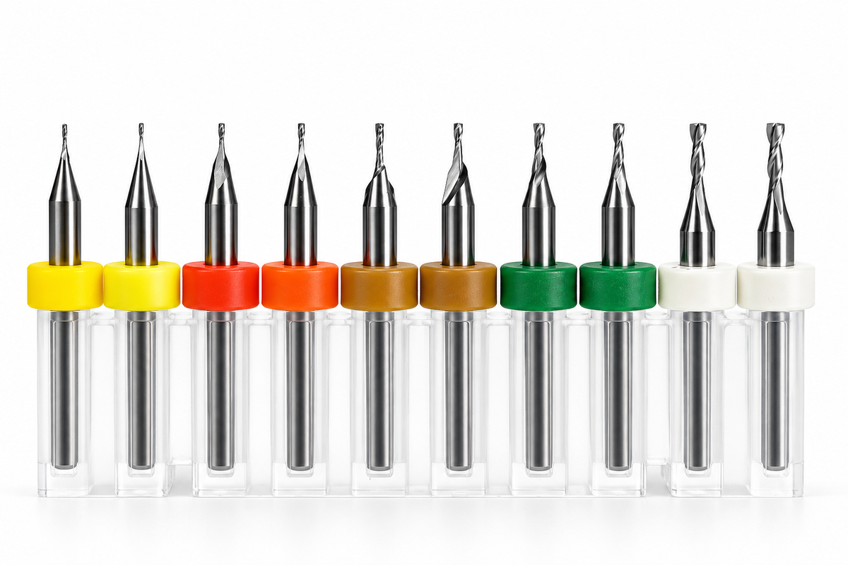 10-Piece Used Micro Carbide End Mill Set – .020"–.050", 2-Flute Square, 1/8" Shank – MV3