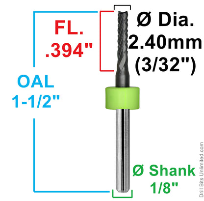 0.0945" (2.40mm) (3/32") x .394" LOC PCD Diamond Coated Carbide Router Bit, Fish Tail, 1/8" Shank | Carbon Fiber & Composites
