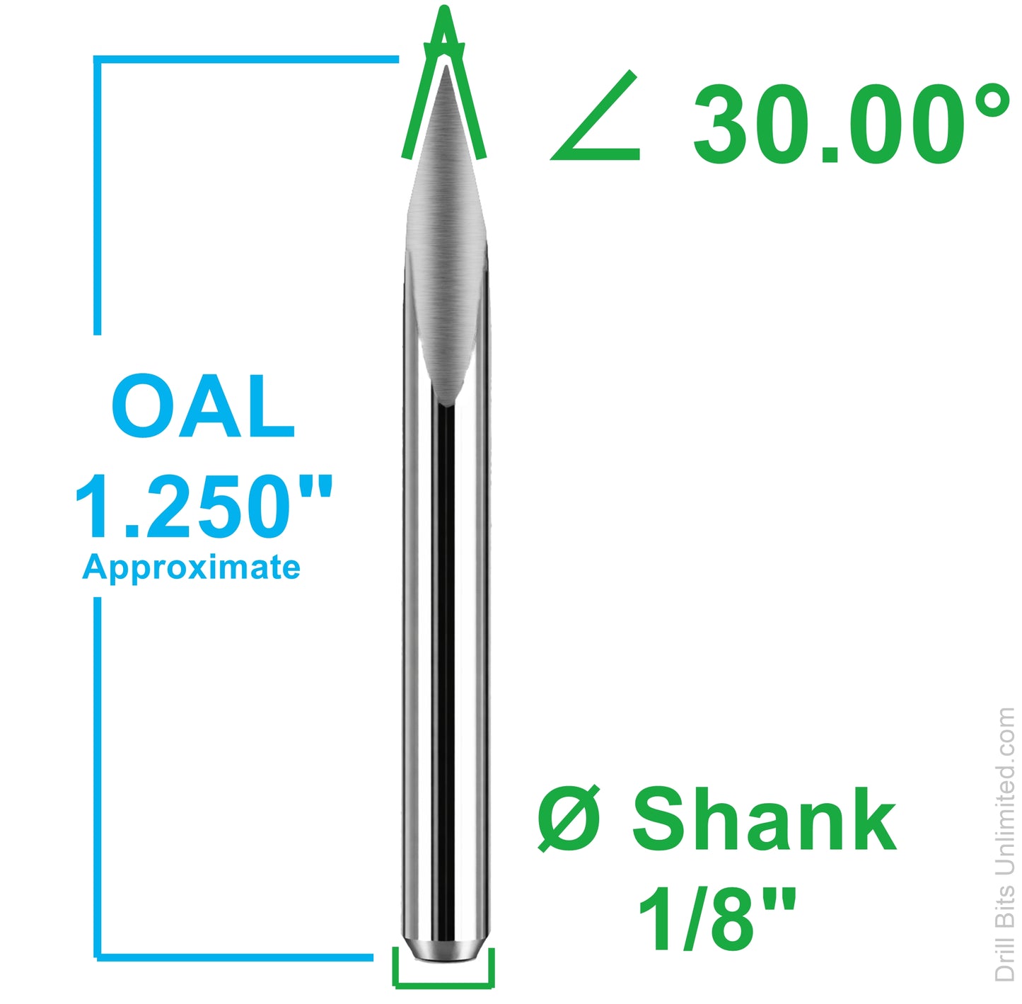 30 degree pyramid engraver dimensions showing 1.25 inch overall length and 1/8 inch shank