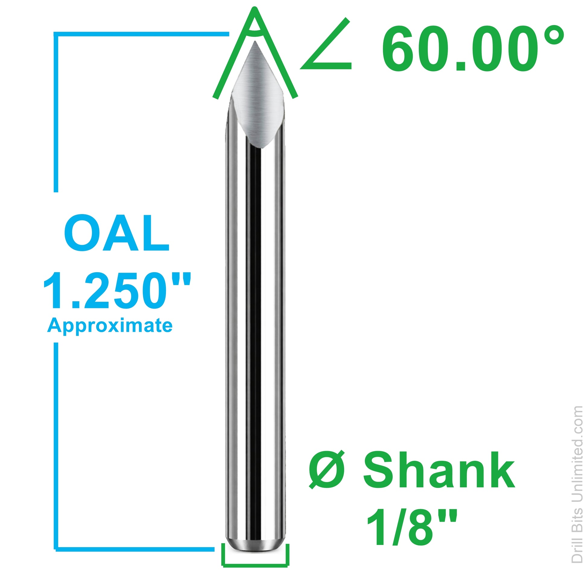 60 degree pyramid engraver dimensions showing 1.25 inch overall length and 1/8 inch shank