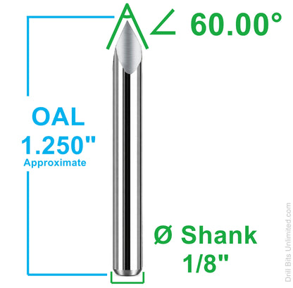 60 degree pyramid engraver dimensions showing 1.25 inch overall length and 1/8 inch shank