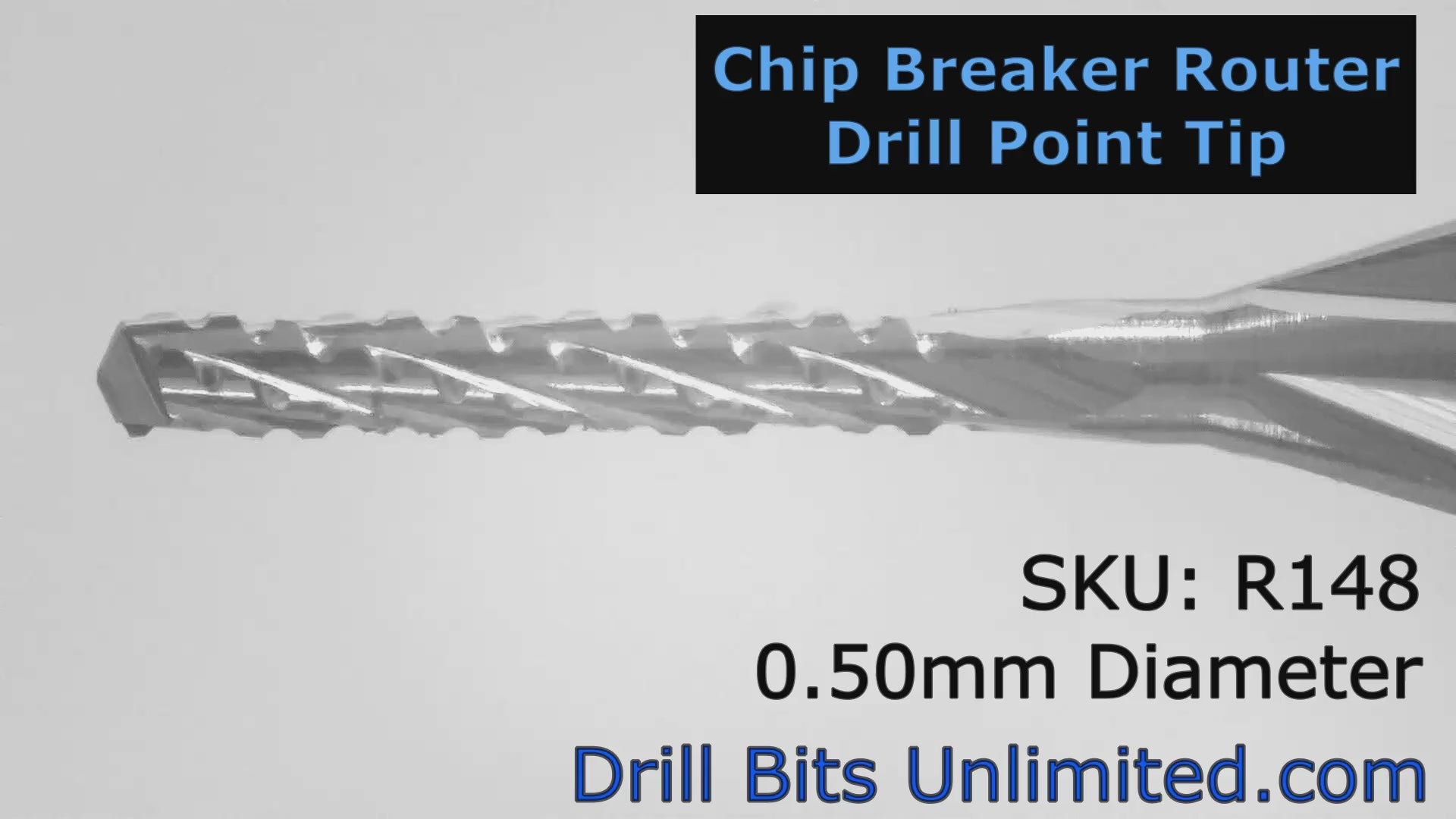 0.020 inch (0.50mm) chip breaker carbide router bit with drill point tip, model R148 – closeup showing detail

