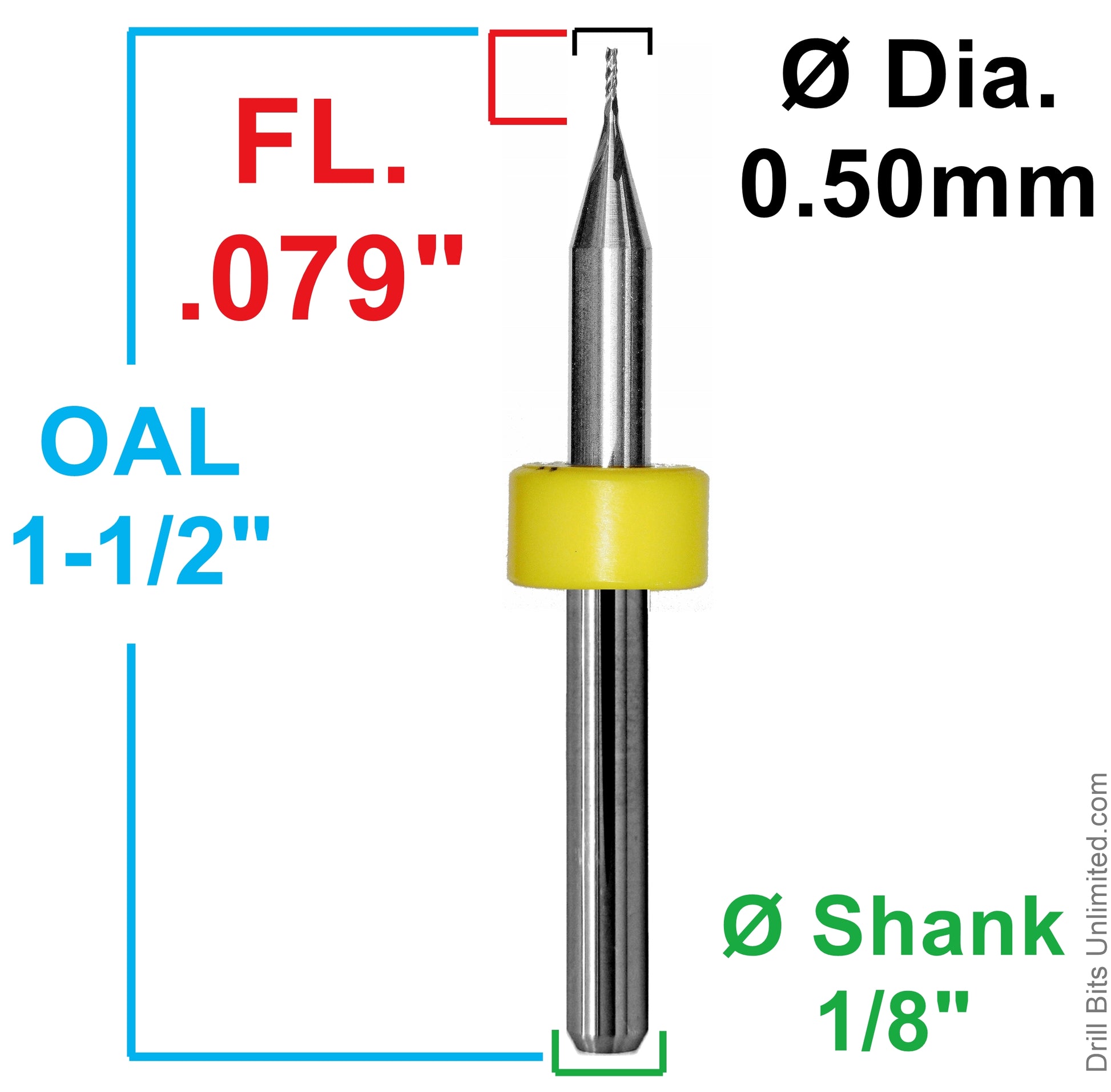 Dimensional drawing of Kyocera 0.50mm diamond flute carbide router showing .079 inch flute length, 1-1/2 inch OAL, and 1/8 inch shank