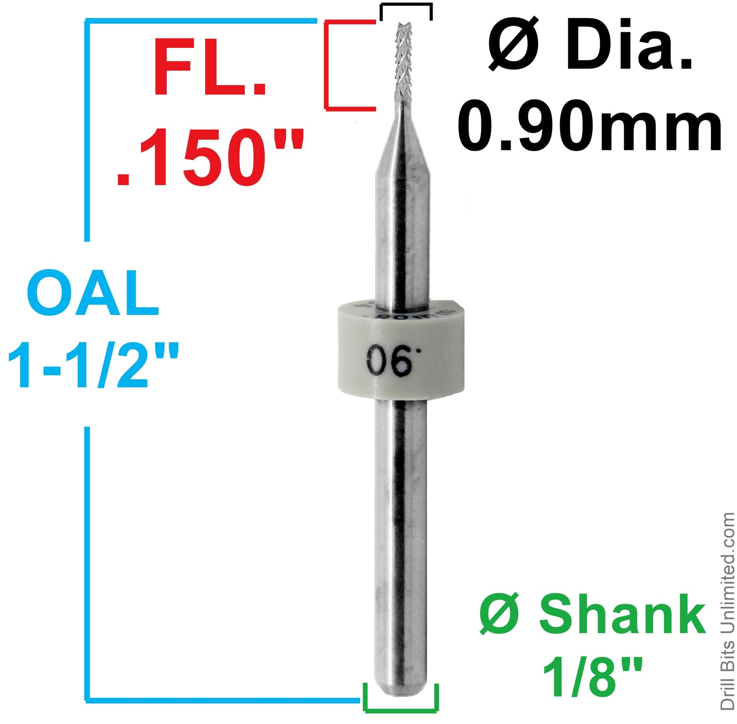 dimensional image of 0.90mm diamond pattern carbide router showing .197 inch LOC and 1.50 inch overall length