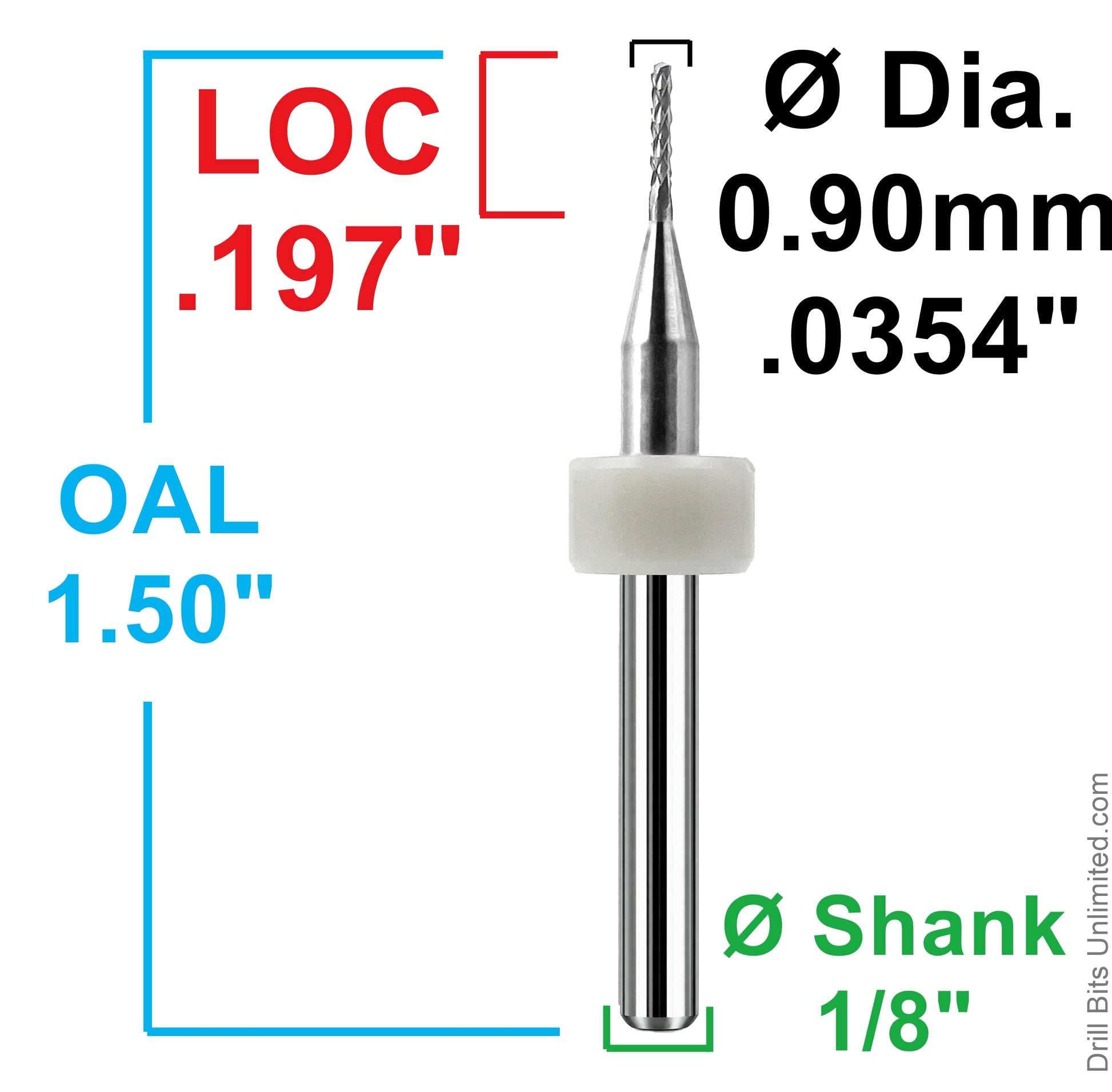 dimensional image of 0.90mm diamond pattern carbide router showing .197 inch LOC and 1.50 inch overall length
