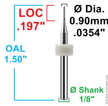 dimensional image of 0.90mm diamond pattern carbide router showing .197 inch LOC and 1.50 inch overall length