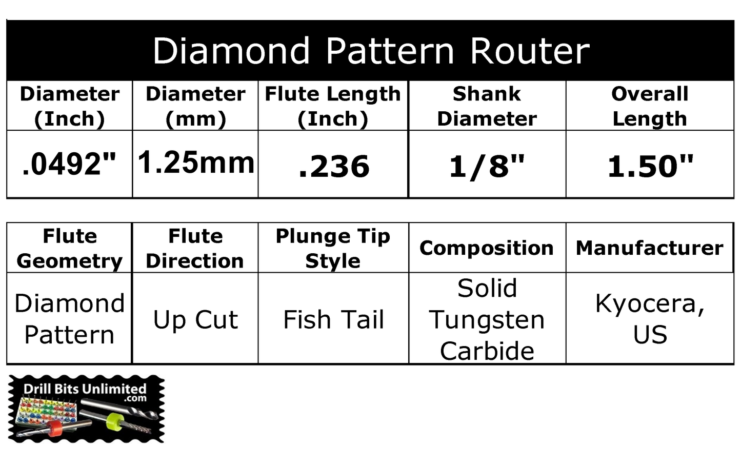 0.0492" (1.25mm) Diamond Flute Carbide Router, 6mm LOC, Up Cut, Fish Tail R120