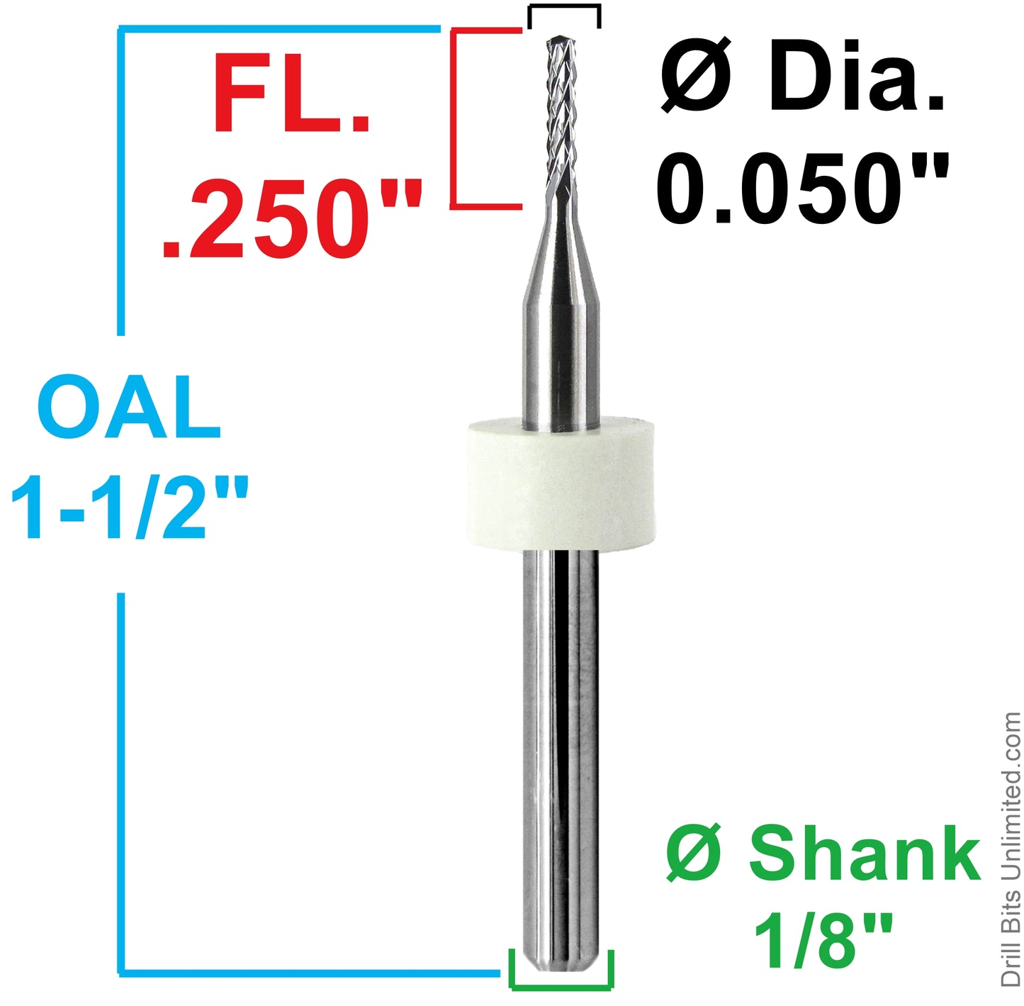 0.050" x .250" LOC Diamond Flute Carbide Router, Drill Point Tip, 1/8" Shank | R123