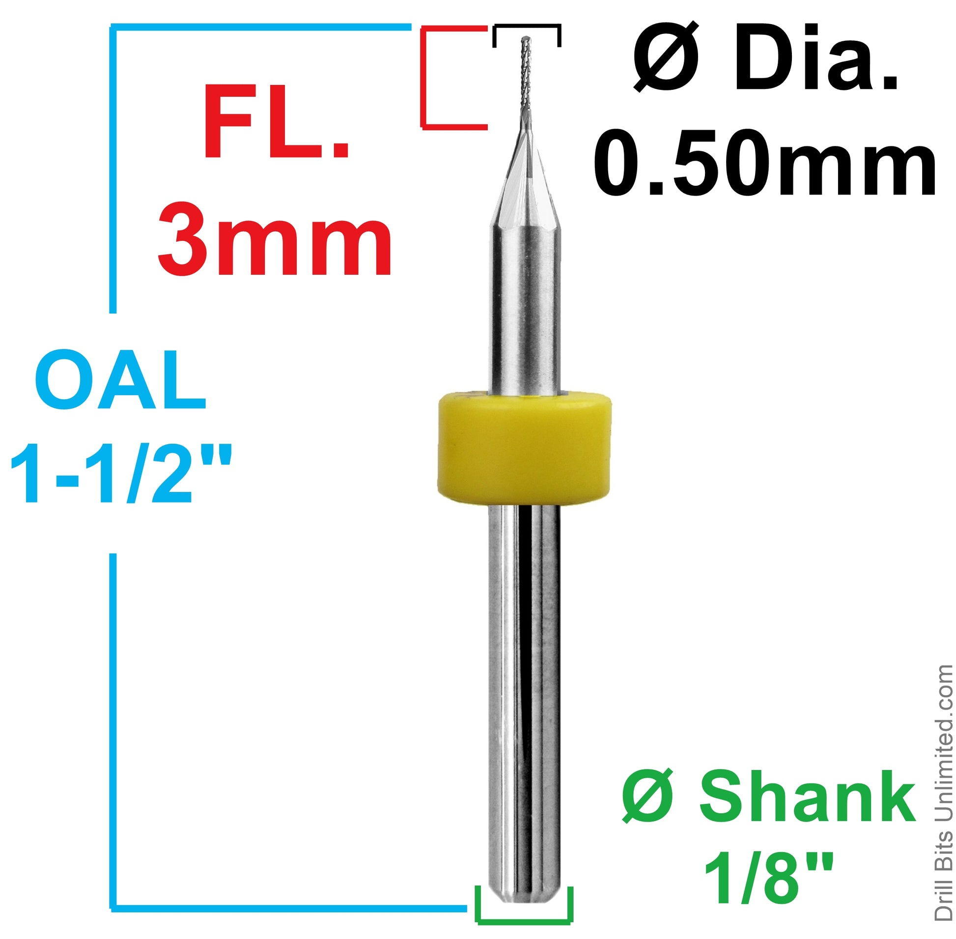 0.50mm chip breaker router dimensional diagram showing LOC, OAL, and shank size
