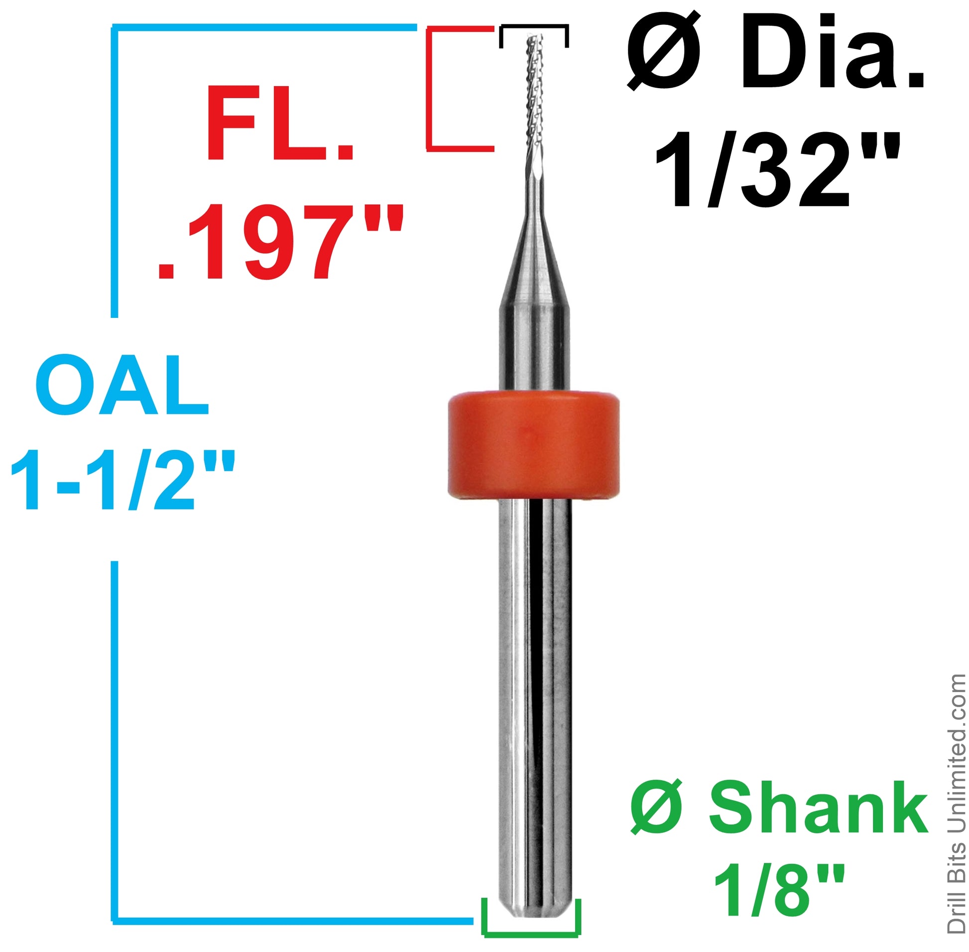 1/32 inch chip breaker router diagram showing .197 LOC and 1/8 shank