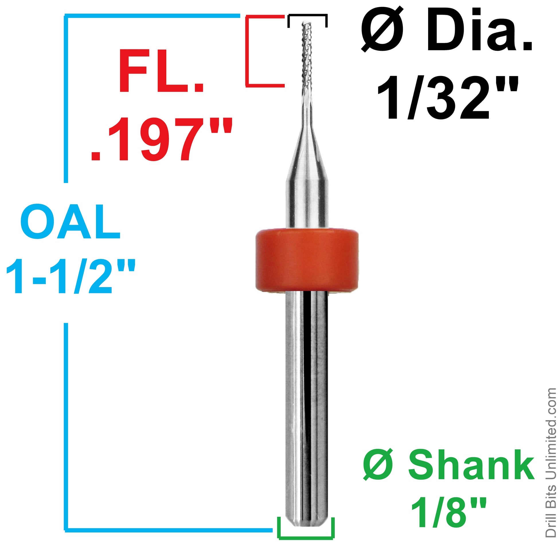 1/32 inch chip breaker router dimensional diagram showing LOC, OAL, and shank size