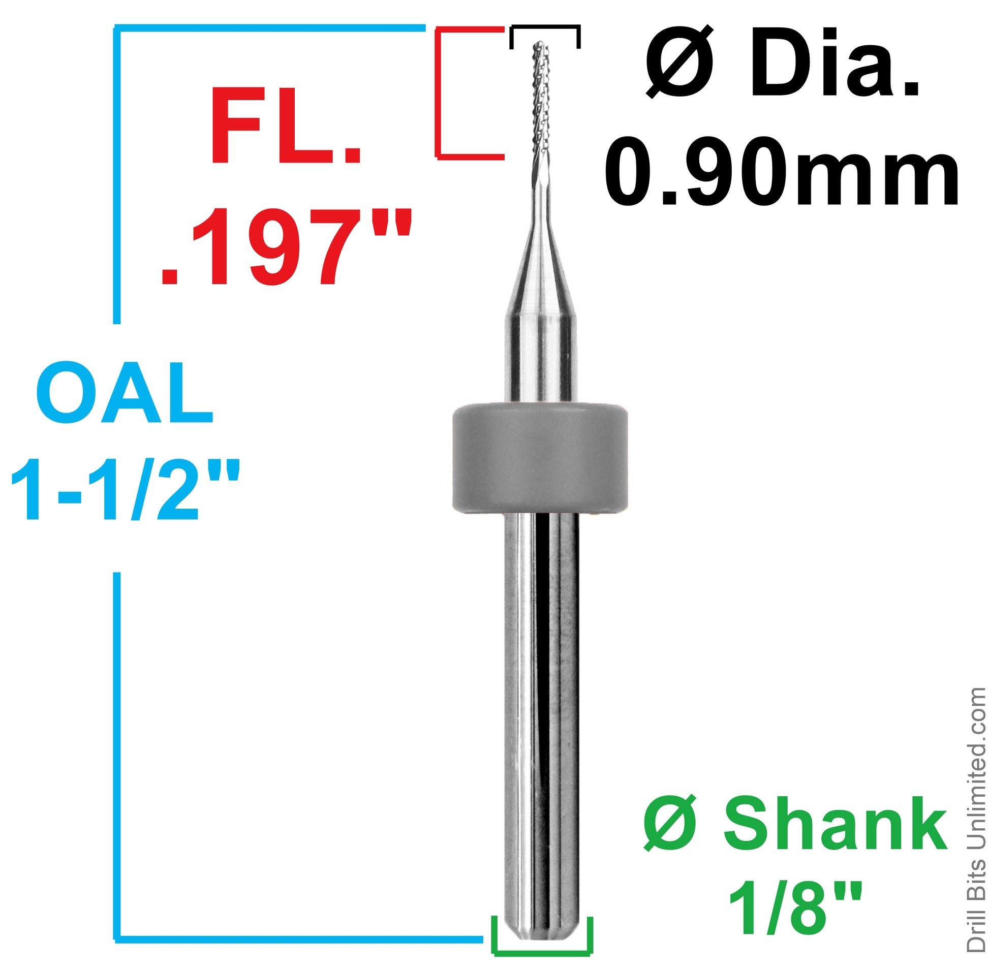 0.90mm chip breaker router diagram showing .256 LOC and 1/8 shank