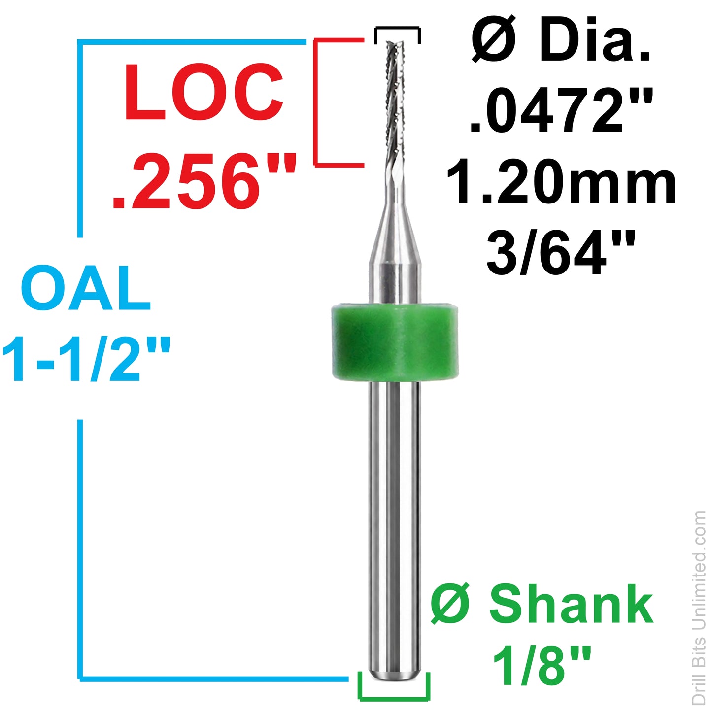 0.0472" (3/64") x .256" LOC 1.20mm Chip Breaker PCB Router, Fish Tail, 1/8" Shank | R154B