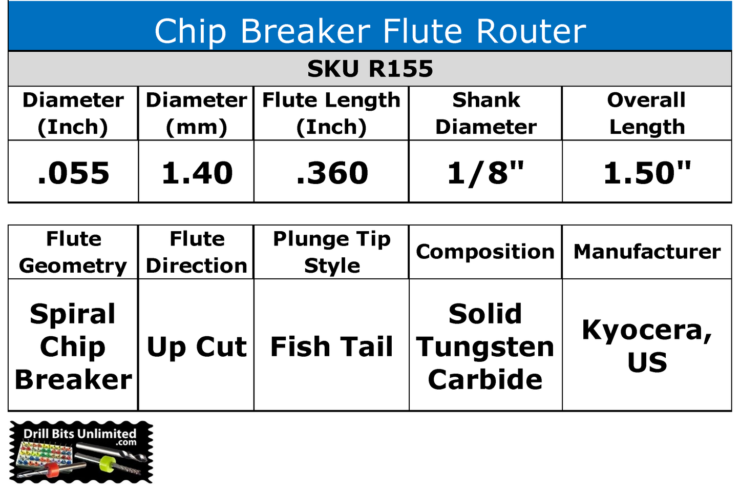 1.40mm .055" x .360" LOC Chip Breaker Carbide Router - Fishtail Tip R155