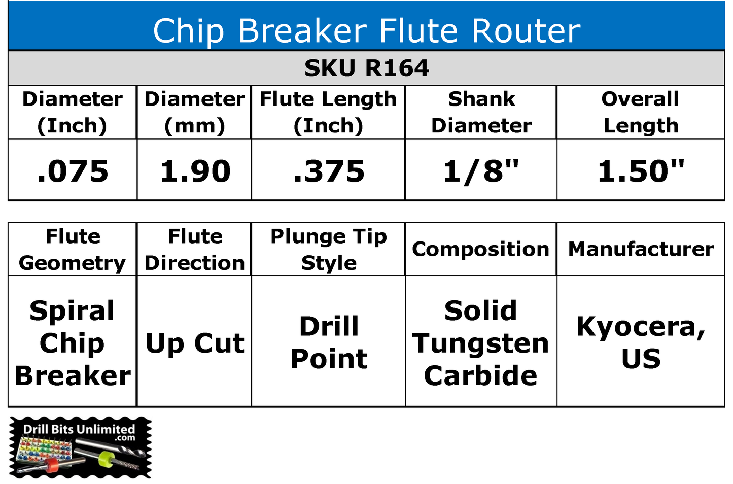 .0748" 1.90mm Chip Breaker Carbide Router - Drillpoint Tip .375" Depth R164