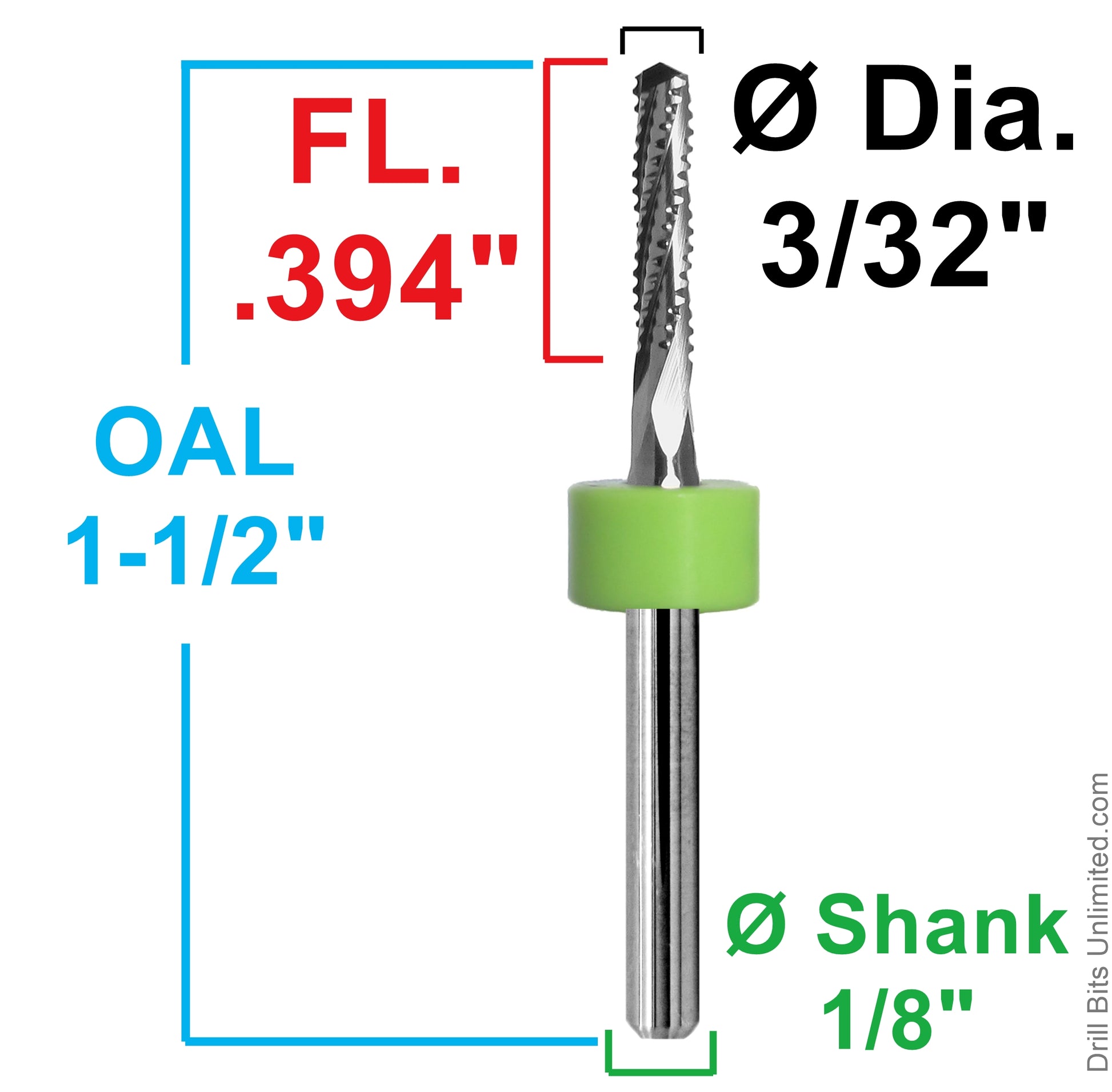Dimension image for 3/32 inch chip breaker carbide router showing .394 inch LOC, 1-1/2 inch OAL, drill point tip, and 1/8 inch shank