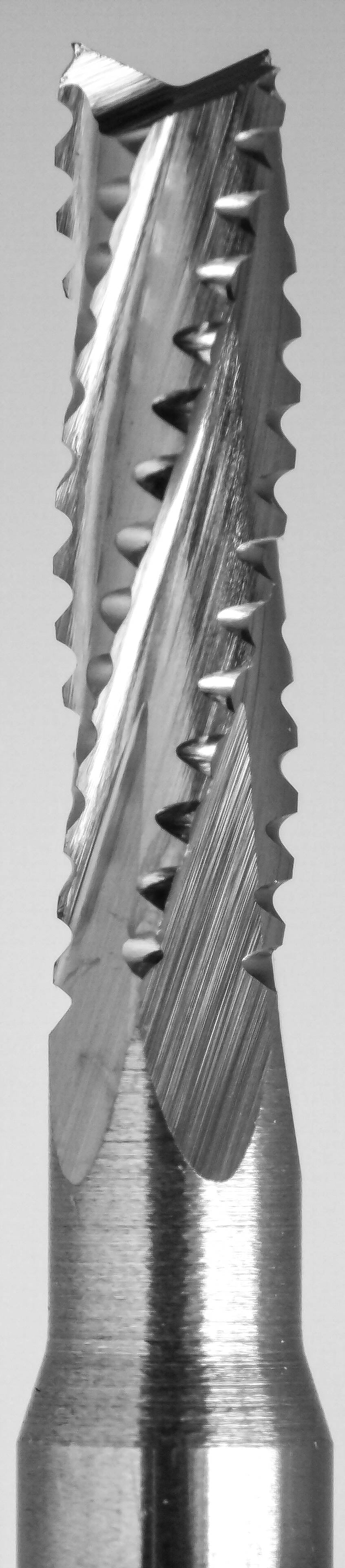 Dimension image for 2.50mm chip breaker carbide router showing .400 inch LOC, 1-1/2 inch OAL, fish tail tip, and 1/8 inch shank