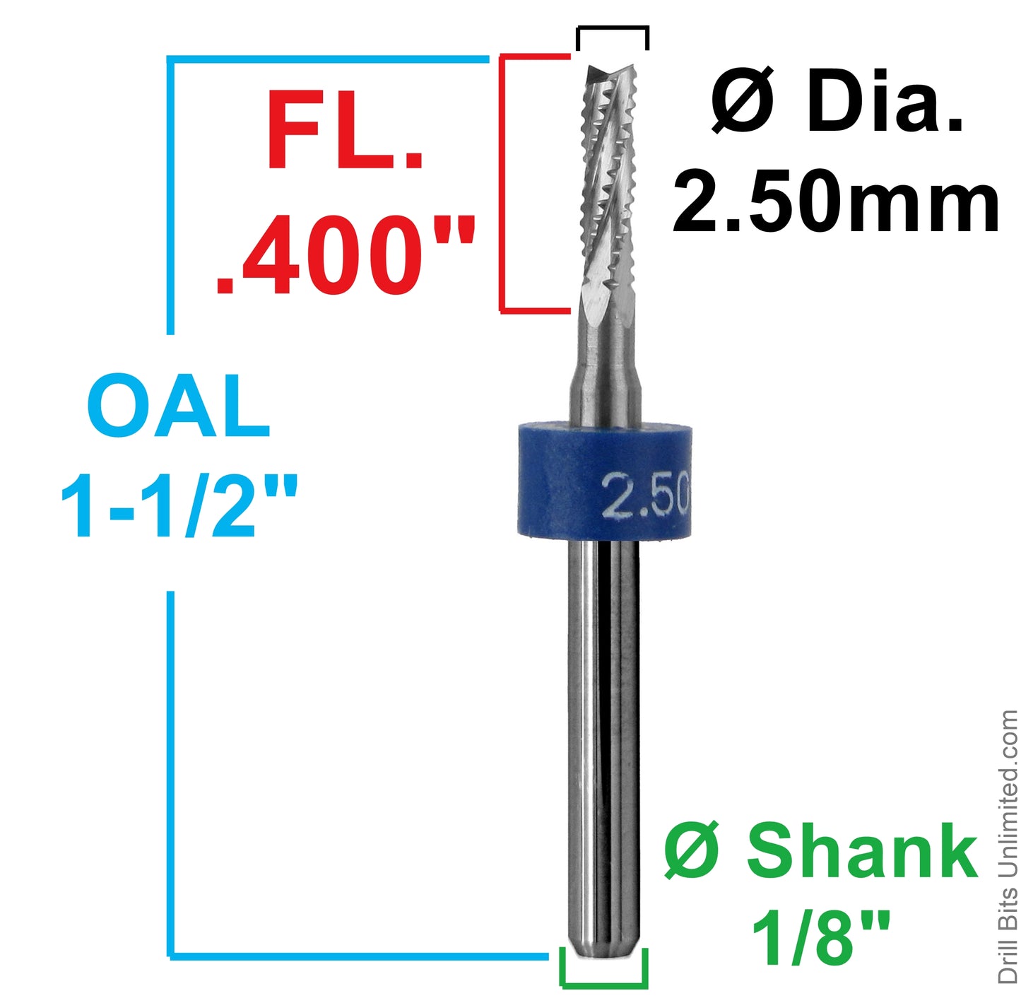 Dimension chart for 0.098 inch 2.50mm chip breaker carbide router with .400 LOC and 1/8 shank