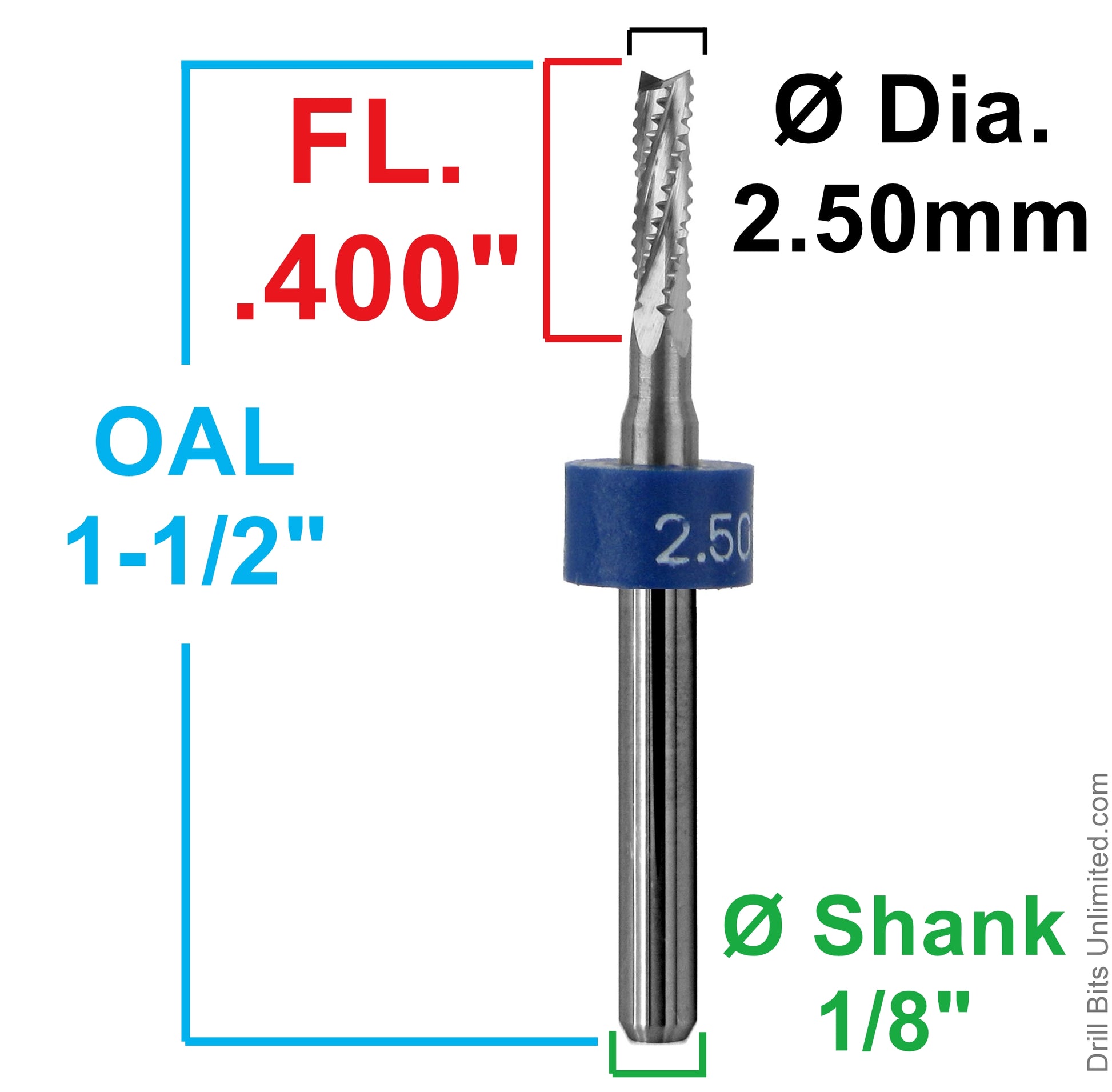 Dimension chart for 0.098 inch 2.50mm chip breaker carbide router with .400 LOC and 1/8 shank