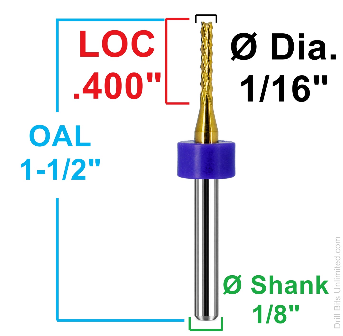 Dimensional image of R177 down cut diamond pattern carbide router bit showing 1/16 diameter, .400 LOC, 1.50 overall length, and 1/8 shank