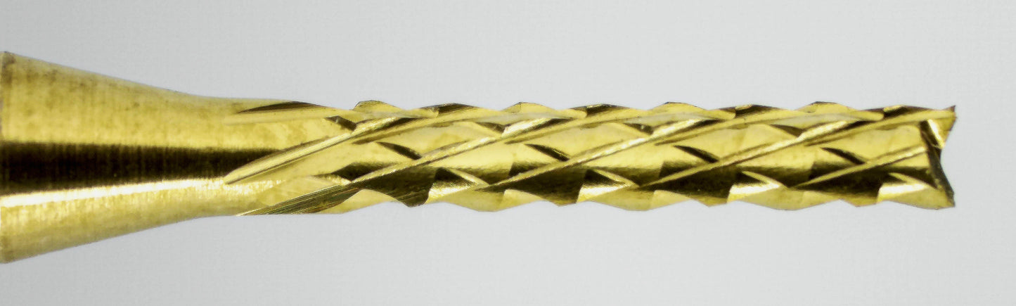 Close-up of fish tail tip and down cut diamond pattern flutes on 1/16 TiN coated carbide router bit