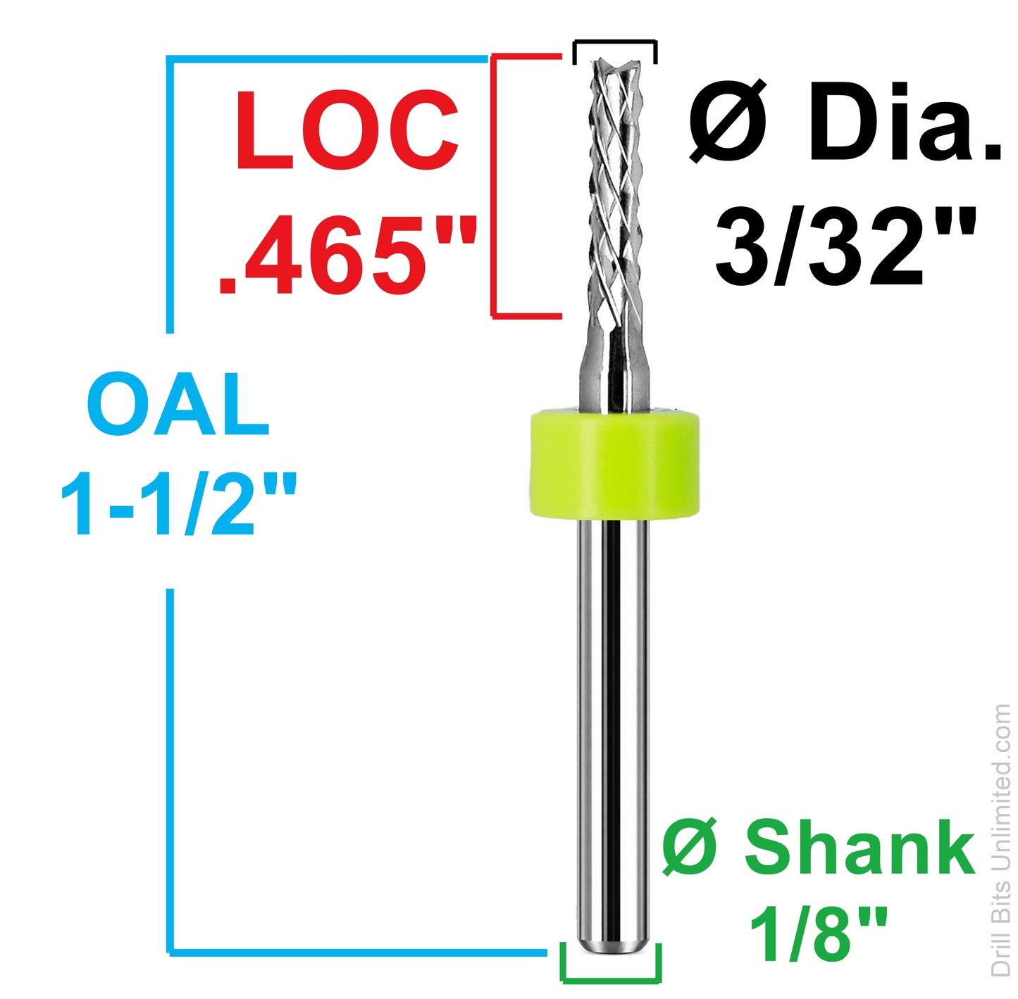 Dimensional image of R178 down cut diamond pattern carbide router bit showing 3/32 diameter, .465 LOC, 1.50 overall length, and 1/8 shank