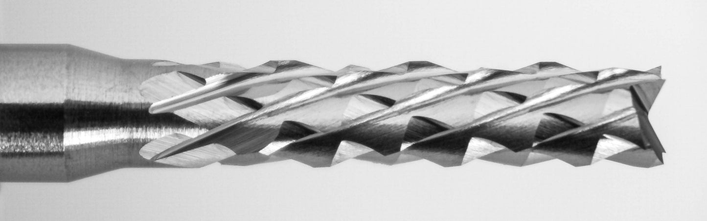 Close-up of fish tail tip and down cut diamond pattern flutes on 3/32 carbide router bit