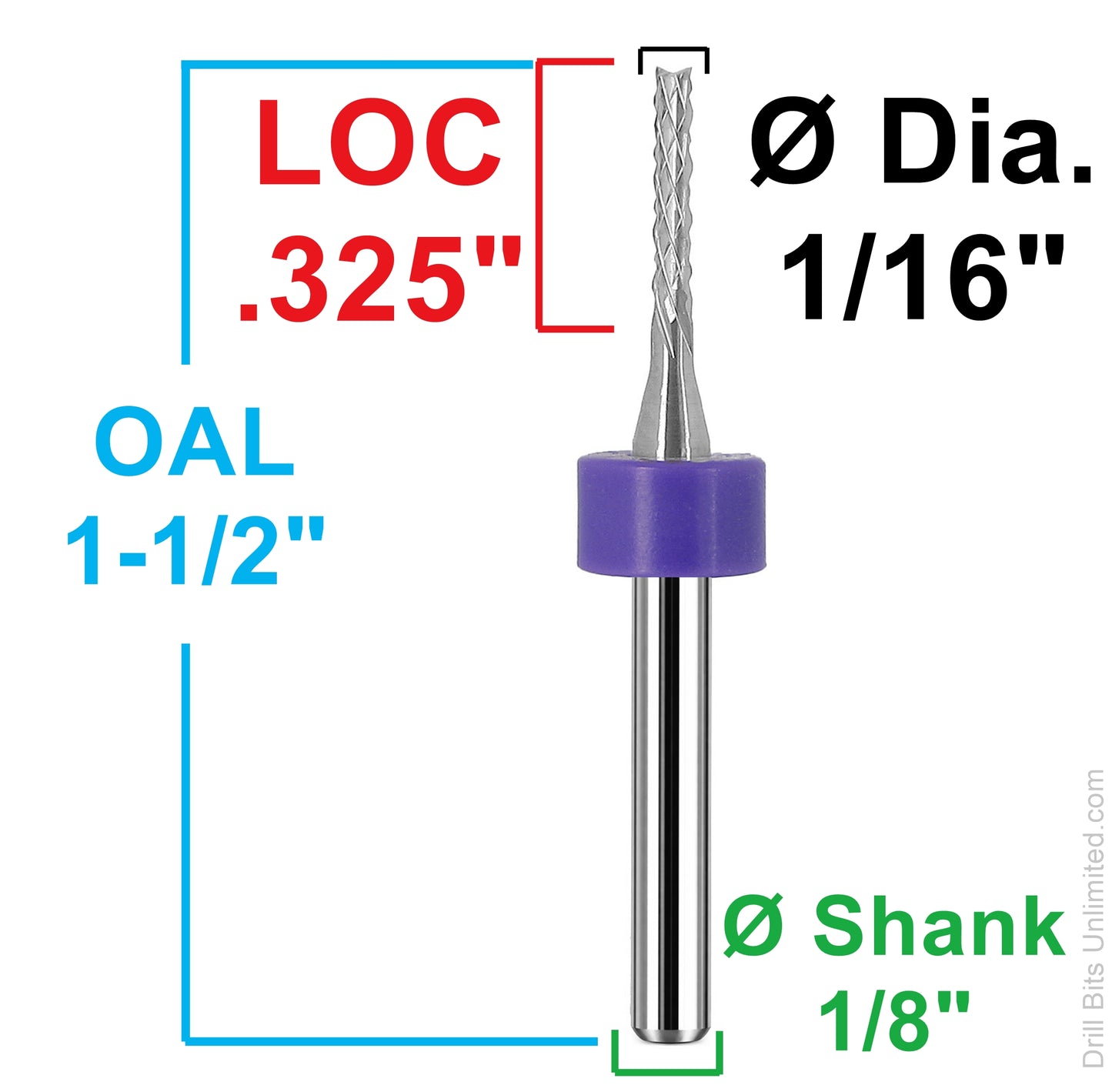 Dimensional image of R179 down cut diamond pattern carbide router bit showing 1/16 diameter, .325 LOC, 1.50 overall length, and 1/8 shank