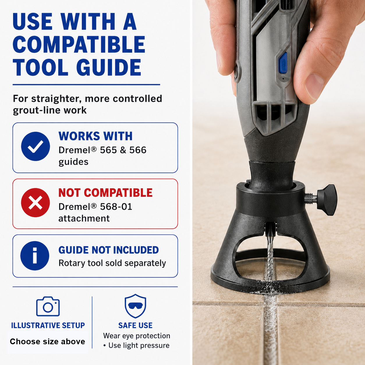 Grout removal bit used with a rotary tool cutting guide compatible with Dremel 565 and 566 guides