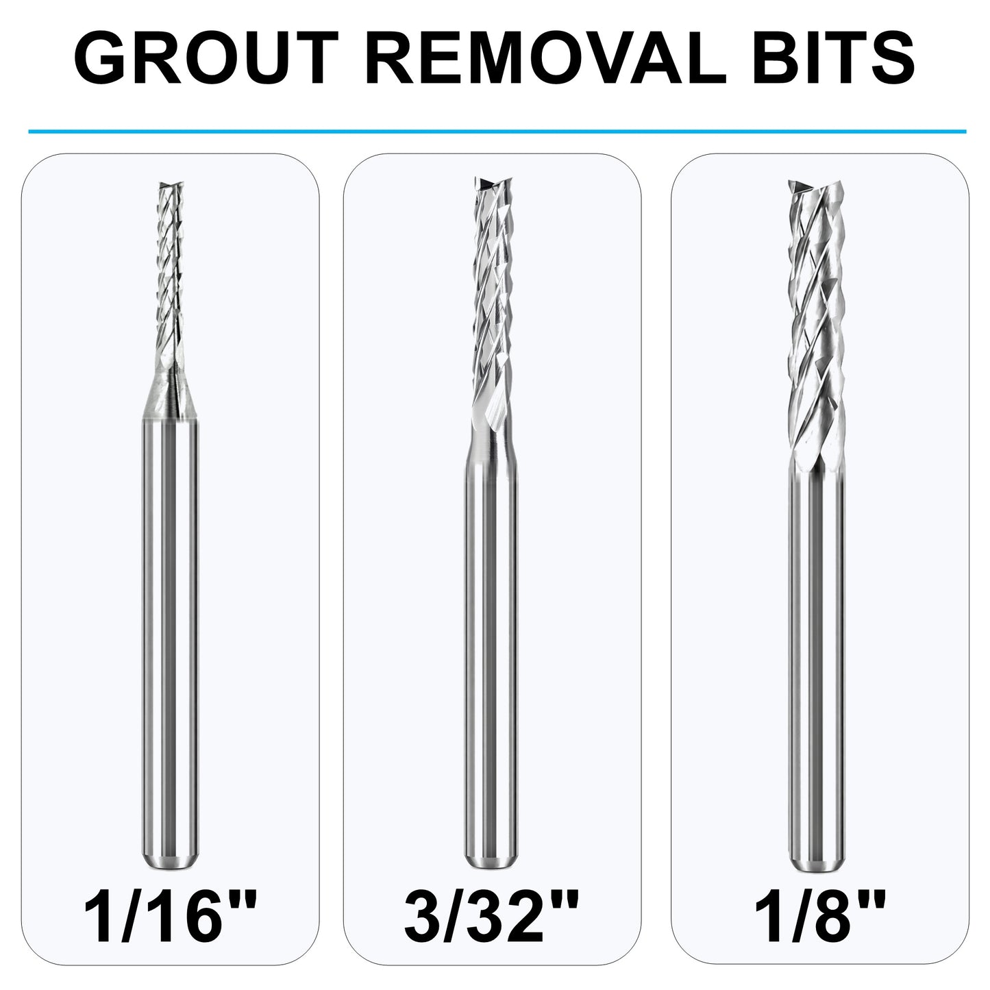 Solid carbide grout removal bits in 1/16, 3/32 and 1/8 inch sizes for rotary tools