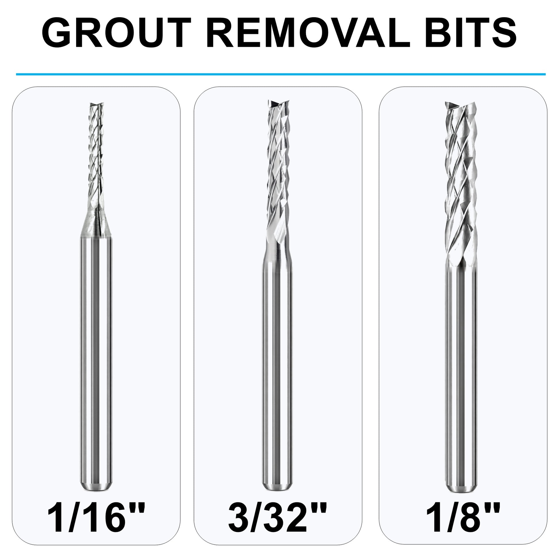 Solid carbide grout removal bits in 1/16, 3/32 and 1/8 inch sizes for rotary tools